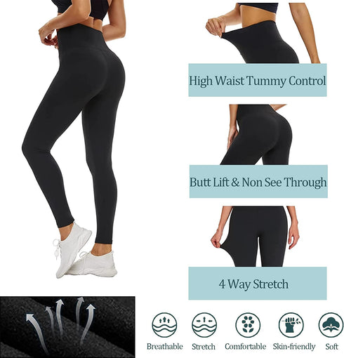 High Waisted Womens Black Workout Leggings - Running Tummy Control Yoga Pants